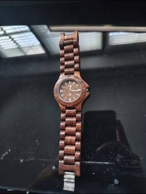 Wooden Link Bracelet Watch with Silver Clasp
